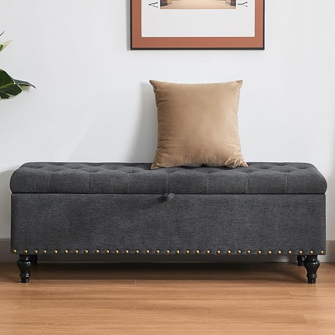 Mangodan51” Linen End of Bed Storage Bench, Tufetd Upholstered Storage Ottoman Bench with Safety Hinge, 330 lb Large Ottoman with Storages for Living Room, Entryway &amp; Bedroom, Window Benches, Grey