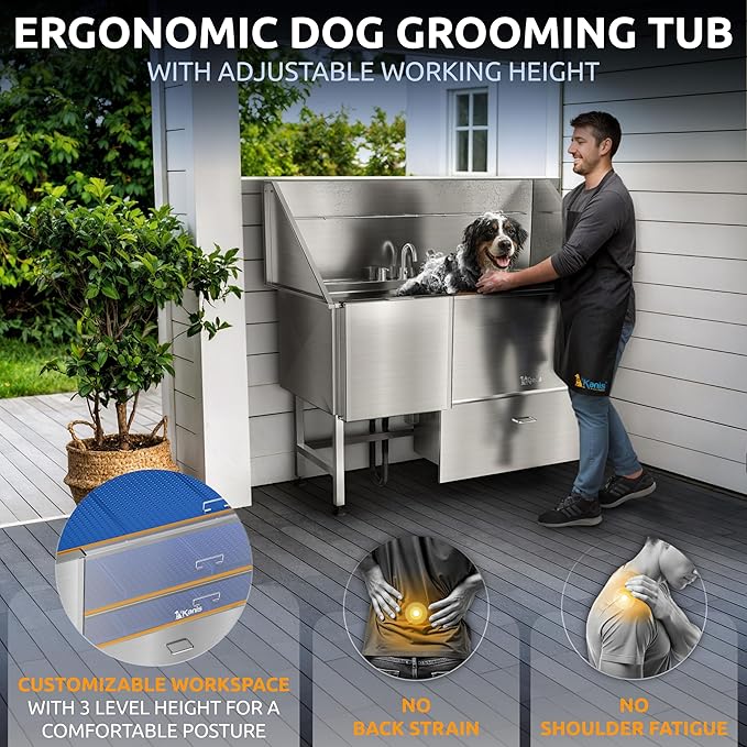 KANIS Professional Dog Washing Station - 304 Stainless Steel Pet Wash Sink &amp; Grooming Bath Tub for Home with Ramp, Shower, Floor Grate, Storage Drawer, Faucet, Drain Kit for Large, Medium &amp; Small Pets