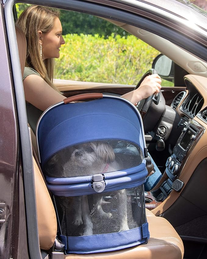 Pet Gear No-Zip View 360 Pet Safety Carrier &amp; Car Seat for Small Dogs &amp; Cats Push Button Entry, View 360 20-inch, Navy