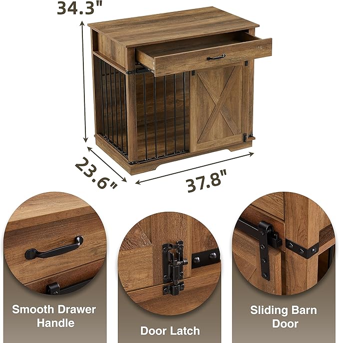 EDYO LIVING 38" Large Dog Crate Furniture with Sliding Barn Door, Wooden Dog Kennel with Drawer for Storage, Water Resistant Indoor Furniture Style Dog Crate for Small/Medium/Large Dog, Rustic Oak