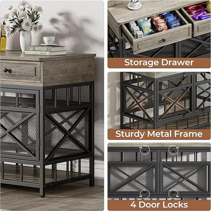 IRONCK 44 inch Large Dog Crate Furniture, Wooden Dog Kennel with Storage Drawers for Medium/Large Dogs, Decorative Dogs Kennel Indoor, Light Ivory