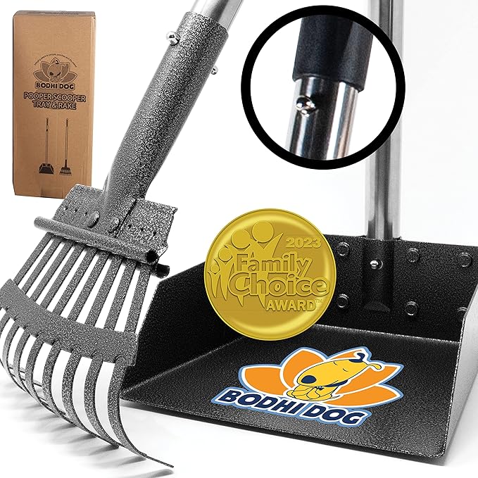 Bodhi Dog Pooper Scooper for Small to Large Dogs - Heavy Duty Metal Long Handle Tray &amp; Rake Poop Scoop - Durable, Rust-Resistant, Great for Grass, Streets, Gravel &amp; Outdoor Cleanups