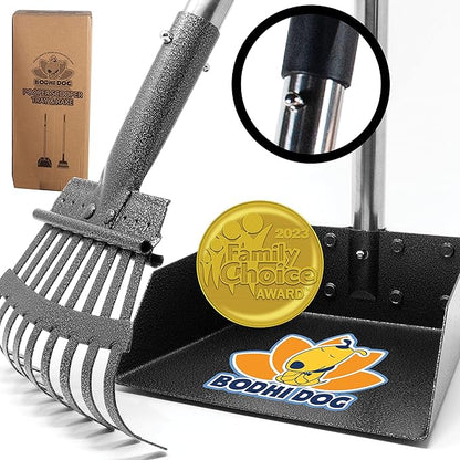 Bodhi Dog Pooper Scooper for Small to Large Dogs - Heavy Duty Metal Long Handle Tray &amp; Rake Poop Scoop - Durable, Rust-Resistant, Great for Grass, Streets, Gravel &amp; Outdoor Cleanups