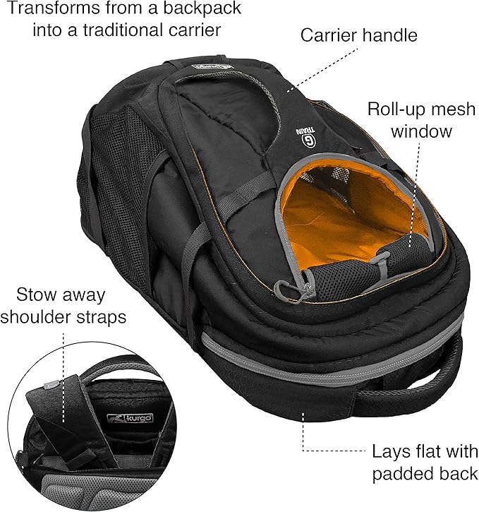 Kurgo G-Train - Dog Carrier Backpack for Small Pets - Cat &amp; Dog Backpack for Hiking, Camping or Travel - Chest Straps &amp; Hip Belt - Reflective - Two Water Bottle Sleeves - Waterproof Bottom (Black)