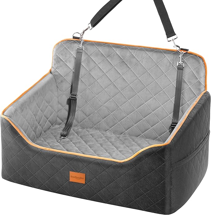 Dog Car Seat for Medium Dogs - Pet Car Seat with 2 Safety Straps &amp; Waterproof Padding, Portable Pet Carrier for Cars, Trucks &amp; SUVs, Comfortable Booster Bed for Pets Up to 55lbs (Black/Grey)