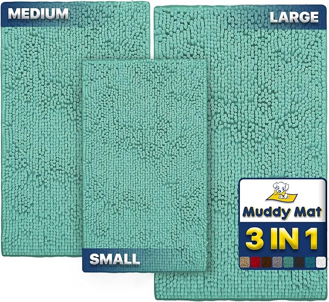 Muddy Mat® Pack of 3 Highly Absorbent Microfiber Dog Door Mat and Pet Rug, Non Slip Thick Washable Area Mat Soft Chenille for Kitchen Bathroom Bedroom and Outdoor - Sea Green Small, Medium &amp; Large