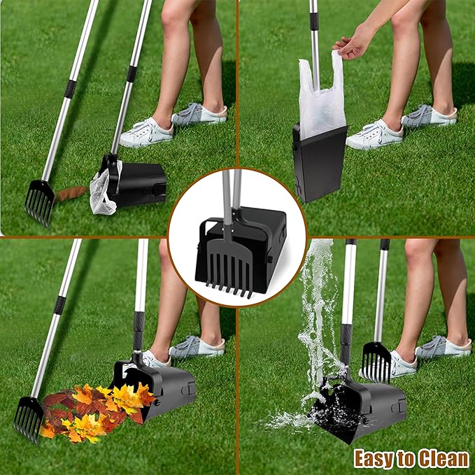 Pooper Scooper Metal 38" Long Adjustable Handle Swivel Bin &amp; Rake for Large &amp; Small Dogs Non-Breakable Dog Poop Scooper Easy to Clean Pet Waste Use on Grass, with 20 Waste Bags