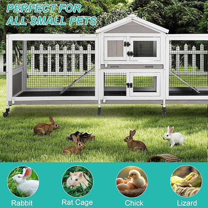 2-Tier Rabbit Hutch with Wheels, Indoor &amp; Outdoor Small Animal Cage with Deep Pull-Out Tray, Anti-Chew Frame, Habitat for Bunny, Guinea Pig, Chinchilla (93" L x 19" W x 35" H)