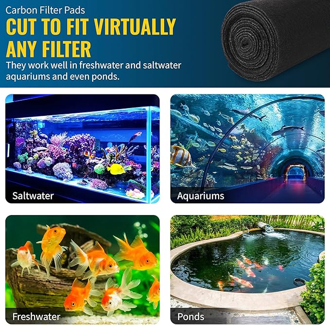 Aquarium Carbon Pad - Cut to Fit Carbon Infused Filter Pad Media for Clean &amp; Clear Fish Tank and Ponds (Carbon filter - 5/8" Thickness, 1 Pack - 10.5" x 72")