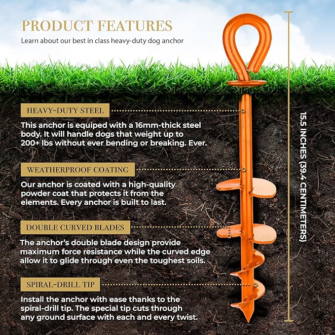 ROYAL-PAW Dog Tie Out Stake - for Large Dogs up to 210 lbs - Heavy Duty Dog Stake for Yard, Beach &amp; Camping Outside - Best in Ground Anchor for a Dog Cable, Leash, Lead Tether (1, Orange)
