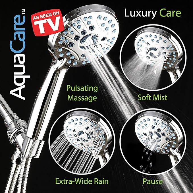 Hotel Spa AquaCare High Pressure 8-Mode Handheld Shower Head - Anti-clog Nozzles, Built-in Power Wash to Clean Tub, Extra Long 6 ft. Stainless Steel Hose, Wall &amp; Overhead Brackets