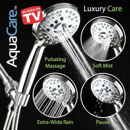 Hotel Spa AquaCare High Pressure 8-Mode Handheld Shower Head - Anti-clog Nozzles, Built-in Power Wash to Clean Tub, Extra Long 6 ft. Stainless Steel Hose, Wall &amp; Overhead Brackets