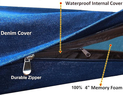 Dogbed4less Large Orthopedic Memory Foam Dog Bed for Medium to Large Dogs with Durable Waterproof Internal Case, Removable Washable Denim Cover + Bonus Pet Bed Cover, 41X27X4 Fit 42X28 Dog Crate, Blue
