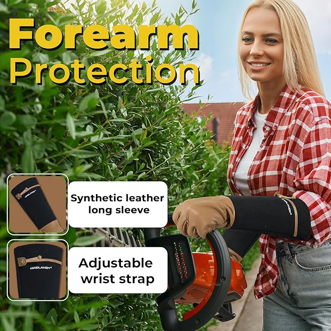 HANDLANDY Long Gardening Gloves for Men &amp; Women, Cowhide Leather Rose Pruning Gloves, Breathable Thorn Proof Gauntlet Glove (Brown-Cowhide, S)