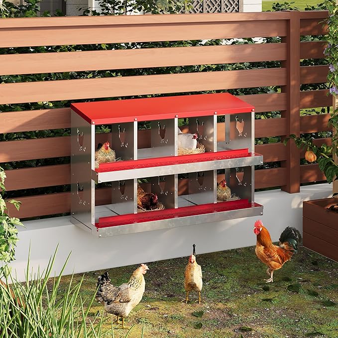 8 Hole Chicken Nesting Box with Roll Out Egg Tray, Rustproof &amp; Ventilated Chicken Laying Boxes for Hens, Chickens, Ducks | Easy-Clean Poultry Coop Accessories