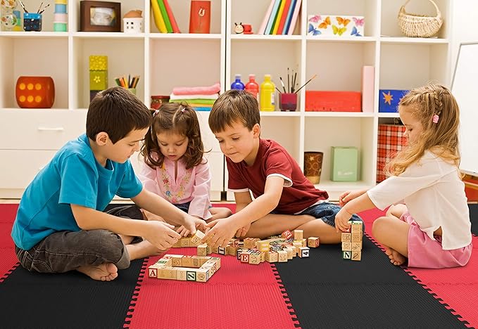 Norsk Reversible Gym Exercise Mats 3/4" Thick EVA Interlocking Foam Tiles, Perfect Home Gym Flooring, 32 Tiles &amp; 64 Trim Pieces, 128 Sq. Ft. Reversible, Red/Black