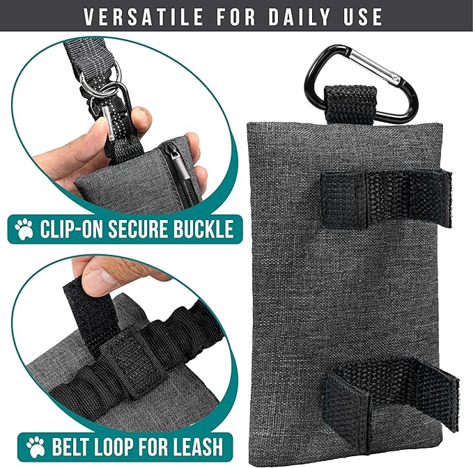 PetAmi Dog Poop Bag Holder for Leash, Dog Waste Bag Dispenser with Clip, Treat Pouch, Walking &amp; Camping Accessory with Trash Bag Roll, Gray 1 Pack