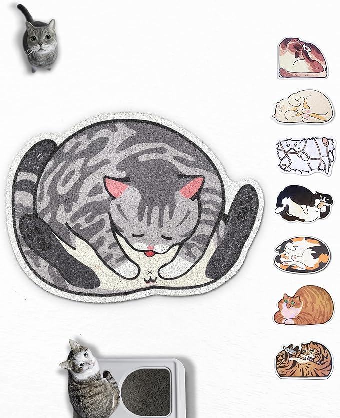 Lukamoo® Cute Cat Litter Mat (30’’x20’’), Large/L, for Kitty Litter &amp; Cute Cat Litter Box, Litter Trapping Mat (Grey Tabby)