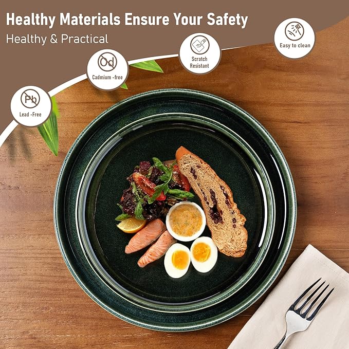 GBHOME Ceramic Dinnerware Sets for 6, 18 Pieces Stoneware Plates and Bowls Sets, Reactive Glaze Dishes -Scratch Resistant, Dishwasher&amp;Microwave Safe, Earth Green