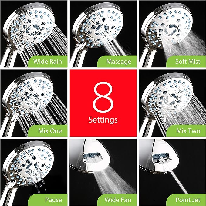 Hotel Spa AquaCare High Pressure 8-Mode Handheld Shower Head - Anti-clog Nozzles, Built-in Power Wash to Clean Tub, Extra Long 6 ft. Stainless Steel Hose, Wall &amp; Overhead Brackets
