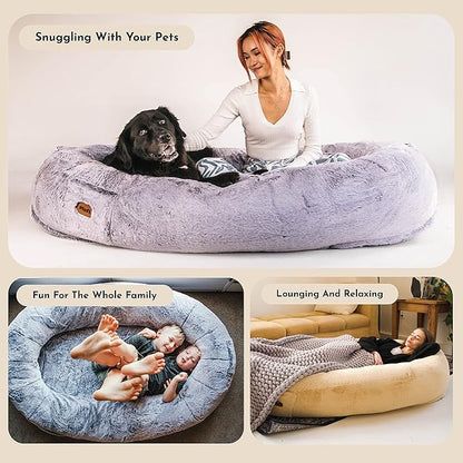 Plufl, The Original Human Dog Bed for Adults, Kids, and Pets. As Seen on Shark Tank. Comfy Plush Large Bean Bag with Memory Foam, Machine Washable, and Durable. Perfect nap and Floor Bed - Beige