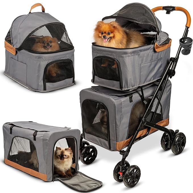 Double Pet Stroller with Detachable Carriers - Ideal for 2 Dogs or Cats - Compact &amp; Convenient Design - Easy Assembly Double Dog Stroller - Graphite Gray