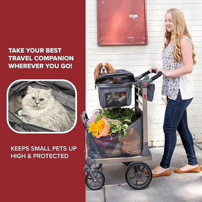 Pet Foldable Cart - Luxury Cat &amp; Dog Stroller with Extra Large Shopping Basket, Cup Holders, &amp; Ventilated Canopy - Easy Fold Pet Stroller for Cats &amp; Dogs