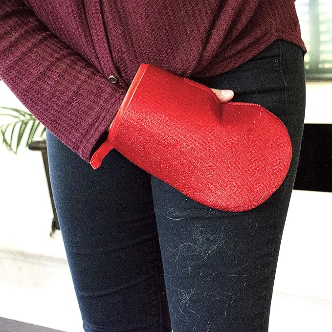 Hair Magnet Pet Fur Removal Mitt, Lint, Fur, and Dander Cleanup for Furniture, Clothing, and Upholstery, Reusable, Durable, Quick &amp; Easy Cleaning, Red, 2-Pack