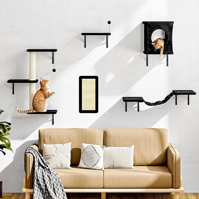 NUNU LAB Wall Mounted Cat Furniture, 5 Pcs Cat Wall Shelves with House, Bridge, Steps, Scratching Post, Shelves, Indoor Safe &amp; Stable Furniture for Kittens Play, Black