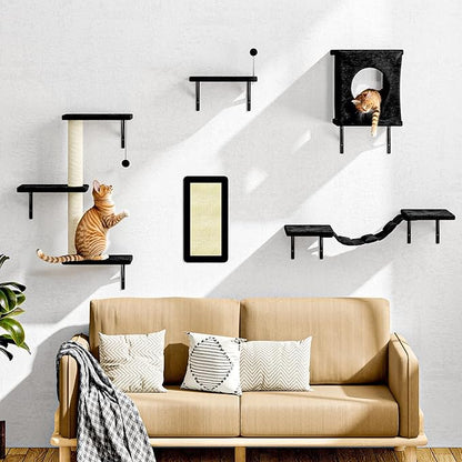 NUNU LAB Wall Mounted Cat Furniture, 5 Pcs Cat Wall Shelves with House, Bridge, Steps, Scratching Post, Shelves, Indoor Safe &amp; Stable Furniture for Kittens Play, Black