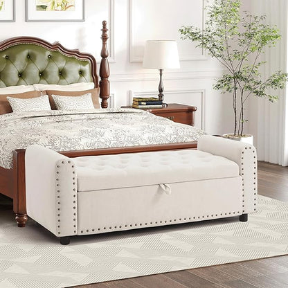 Ottoman with Storage, Tufted Storage Bench for Bedroom, 48" Fabrics End of Bed Bench, Upholstered Entryway Shoe Benches with Rolled Arm &amp; Inner Zipper, Window Ottomans Chest with Rivets, Beige