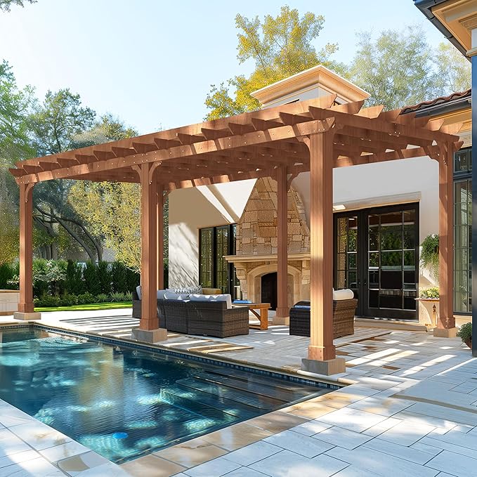 MUPATER 12x20 FT Retratable Wooden Pergola Gazebo for Patio Stakes, Quality Supported Structure, Snow and Wind Supported, Outdoor Pergola Garden Shelter Cedar Framed for Backyard,Deck,Garden