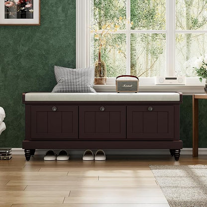 Classic Shoe Storage Bench with Cushion and Three Drawers, Fluted Entryway Bench with Storage for Entryway, Living Room, Hallways 44.0" L x 15.9" W x 18.9" H Espresso