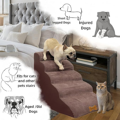 Dog Stairs &amp; Pet Ramp for Small/Large Dogs to High Beds/Couches - 5 Steps 24-inch Height for 18-30 inch Furniture, 2 Washable Covers (Brown, Grey), Non-Slip Balanced 33D Design for Old Dogs &amp; Cats