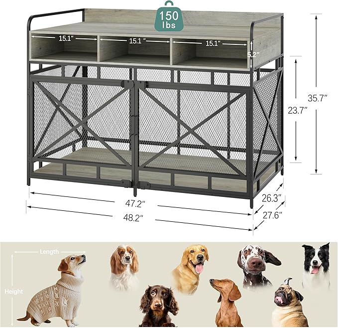 Dog Crate Furniture, 48" Heavy Duty Wooden Dog Crate End Table, XL Dog Kennel Furniture Large Breed, Decorative Dog Kennel Indoor with 3 Drawers &amp; Steel Tubes 48" L x28 W x36 H (Grey)