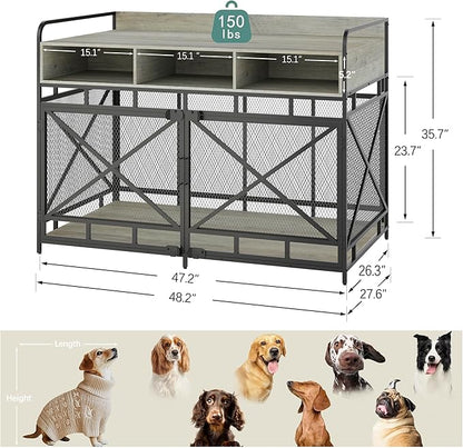 Dog Crate Furniture, 48" Heavy Duty Wooden Dog Crate End Table, XL Dog Kennel Furniture Large Breed, Decorative Dog Kennel Indoor with 3 Drawers &amp; Steel Tubes 48" L x28 W x36 H (Grey)
