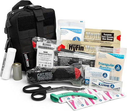 Scherber Premium IFAK Kit Trauma Pack | HSA/FSA Approved | Fully Stocked MOLLE Pouch w/CAT Tourniquet, HyFin Chest Seal, &amp; Israeli Bandage | Trauma Kit for Gunshot, Bleeding, Major Wound Care (Black)