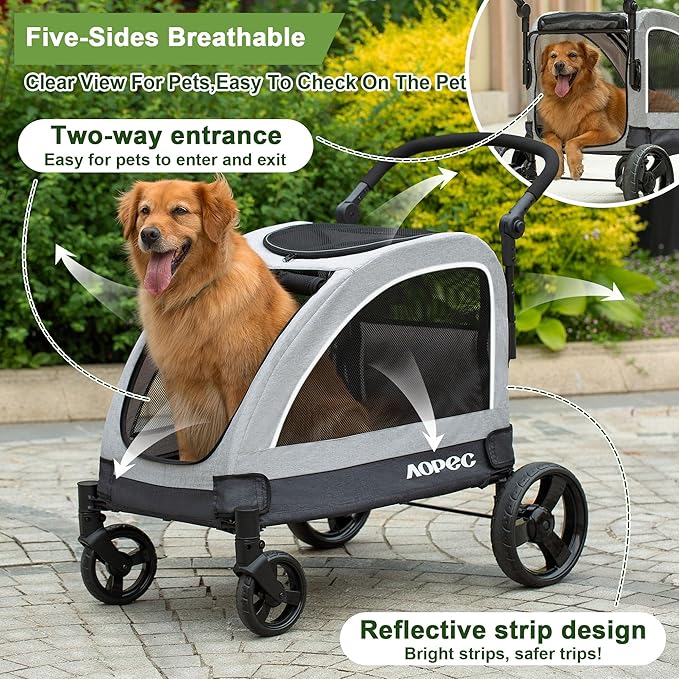Large Dog Stroller - Dual Entry Safety Folding Pet Stroller with Adjustable Handle, All-Terrain 4-Wheel, 160 lbs Weight Capacity for Travel &amp; Outdoor Adventures - Gray