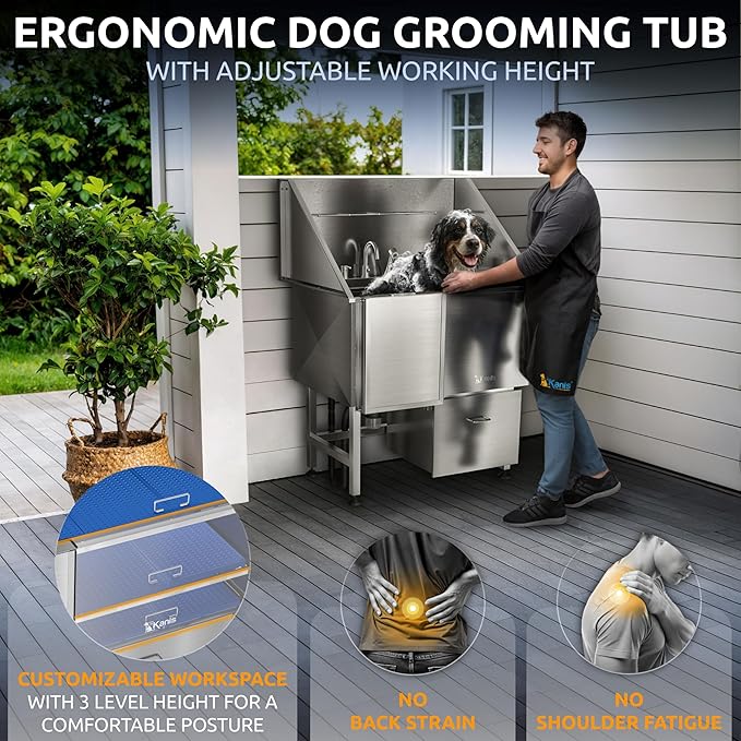 KANIS Professional Stainless Steel Dog Bathing Station - Grooming Tub w/Ramp, Storage Drawer, Floor Grate &amp; Faucet/Dog Bathtub for Large, Medium &amp; Small Pets (40", 1 Drawer - Left RAMP)