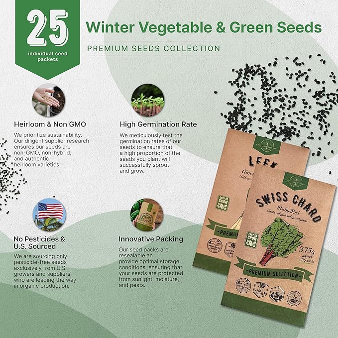 Organo Republic 25 Winter Vegetable &amp; Green Seeds Variety Pack for Outdoors &amp; Indoor Home Gardening 27670+ Non-GMO Heirloom Seeds: Broccoli Beet Carrot Collard Lettuce Radish Spinach Pea Kohlrabi