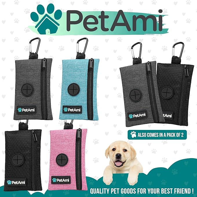 PetAmi Dog Poop Bag Holder for Leash, Dog Waste Bag Dispenser with Clip, Treat Pouch, Walking &amp; Camping Accessory with Trash Bag Roll, Gray 1 Pack