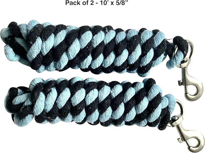 Majestic Ally Pack of 2 Solid Cotton Lead Rope for Horses &amp; Livestock – 10 Foot Long and 5/8 inch Thick - Replaceable Heavy-Duty Satin Bolt Snap – Handmade – Soft, Broken in Feel (Sky Blue - Black)