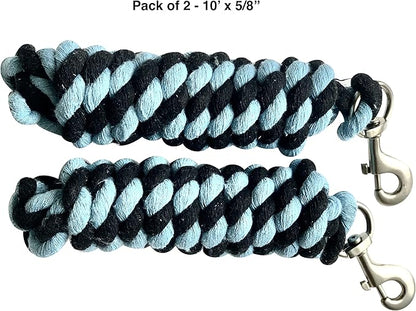 Majestic Ally Pack of 2 Solid Cotton Lead Rope for Horses &amp; Livestock – 10 Foot Long and 5/8 inch Thick - Replaceable Heavy-Duty Satin Bolt Snap – Handmade – Soft, Broken in Feel (Sky Blue - Black)