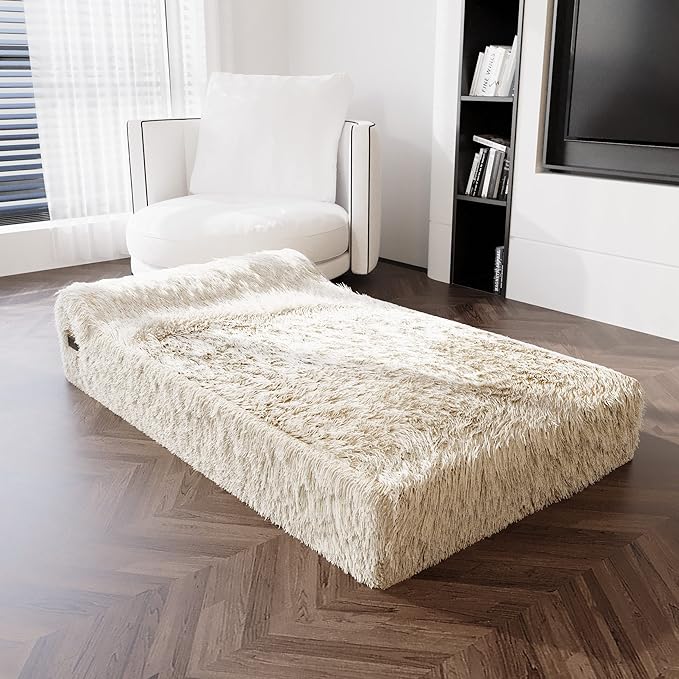 KOPEKS Orthopedic Memory Foam Dog Bed 7" Inch Thick Extra Large Dog Bed with Pillow Fluffy Brown 50"x34"x10" Includes Waterproof Liner &amp; Durable Removable Cover with Smart Design