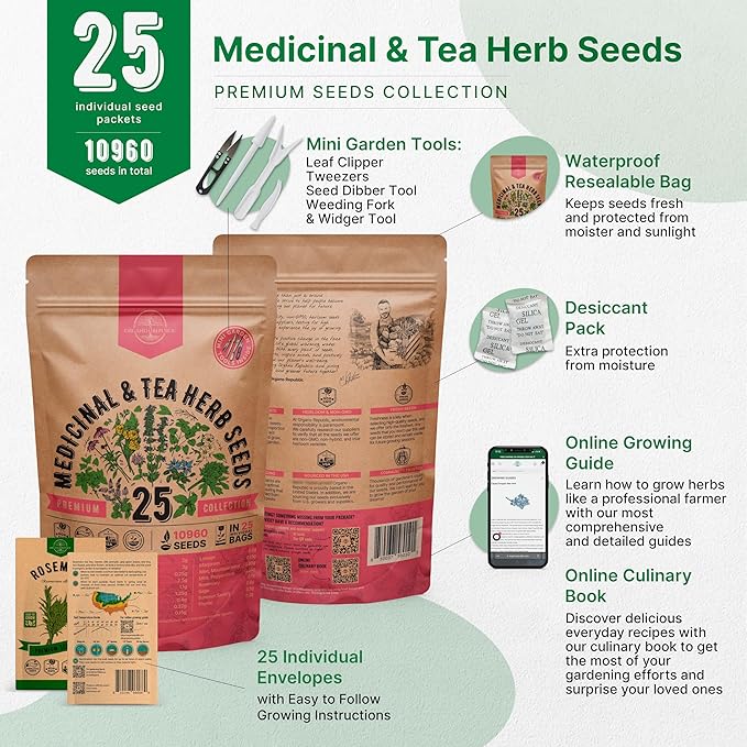 Organo Republic 25 Medicinal &amp; Tea Herb Seeds Variety Pack for Indoor &amp; Outdoors. 10900+ Non-GMO Heirloom Garden Seeds: Anise, Borage, Cilantro, Chamomile, Dandelion, Rosemary, Peppermint Seeds