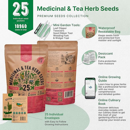 Organo Republic 25 Medicinal &amp; Tea Herb Seeds Variety Pack for Indoor &amp; Outdoors. 10900+ Non-GMO Heirloom Garden Seeds: Anise, Borage, Cilantro, Chamomile, Dandelion, Rosemary, Peppermint Seeds