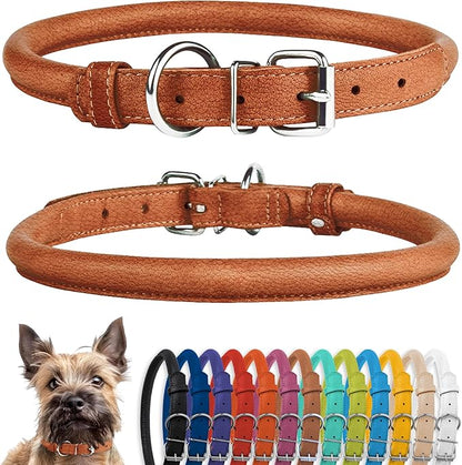 CollarDirect Rolled Leather Dog Collar, Soft Padded Round Puppy Collar, Handmade Genuine Leather Collar Dog Small Large Cat Collars 13 Colors (8-11 Inch, Cinnamon Textured)