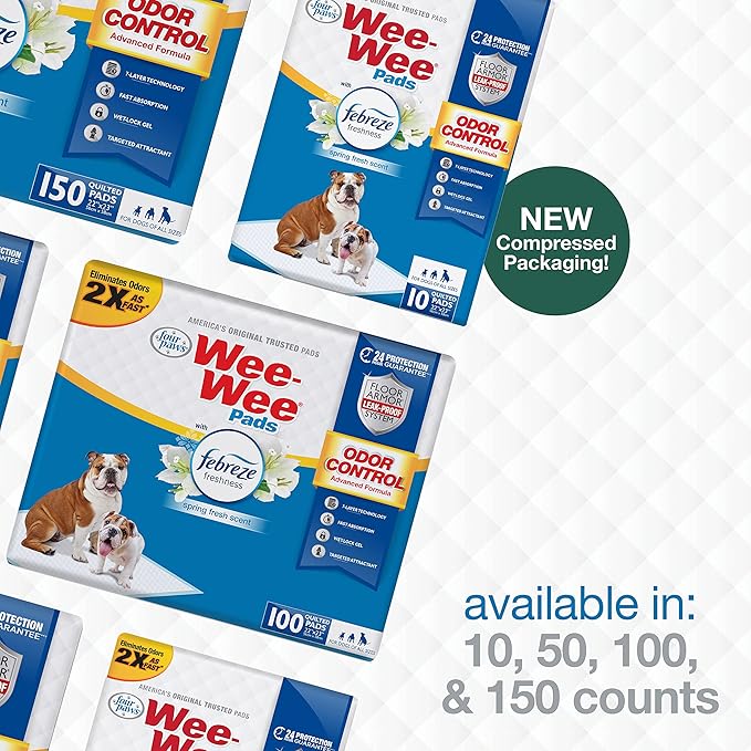 Four Paws Wee-Wee Odor Control with Febreze Freshness Pee Pads for Dogs &amp; Puppies, Leak-Proof Dog Housebreaking Potty Training Floor Protection, Spring Fresh Scent, 22" x 23", 50 Count