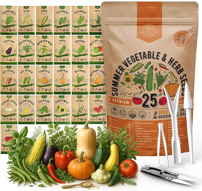 Organo Republic 25 Summer Vegetable &amp; Herb Garden Seeds Variety Pack - 6,820+ Non-GMO Heirloom Veggie &amp; Herb Seeds for Outdoors &amp; Indoor Home Gardening: Tomato, Okra, Bean, Cucumber, Basil, Rosemary