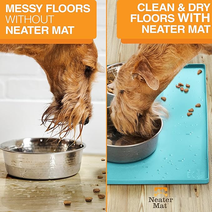 Neater Pet Brands Neater Mat Pet Mats for Food and Water, Cat &amp; Dog Bowl Mat Waterproof Silicone, Feeding Tray, Dog Food Mats for Floors, Placemat w/Raised Edge for Under Bowls, 32" x 24", Aquamarine
